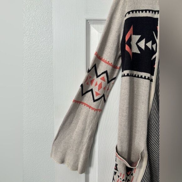 Billabong Boho Aztec Sz Small Open Front Draped Cardigan Sweater Logo Collared - Picture 6 of 10